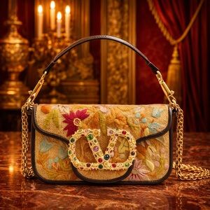 Valentino Garavani Loco Small Gold & Brown Floral Shoulder Crossbody Bag V-logo